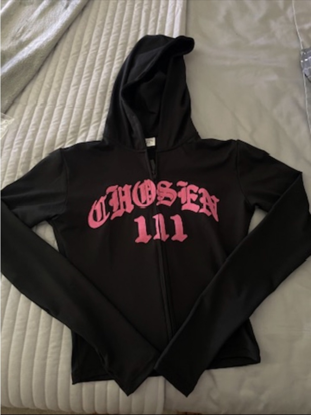 Black Hoodie Jacket with Pink "Chosen 111" Graphic
